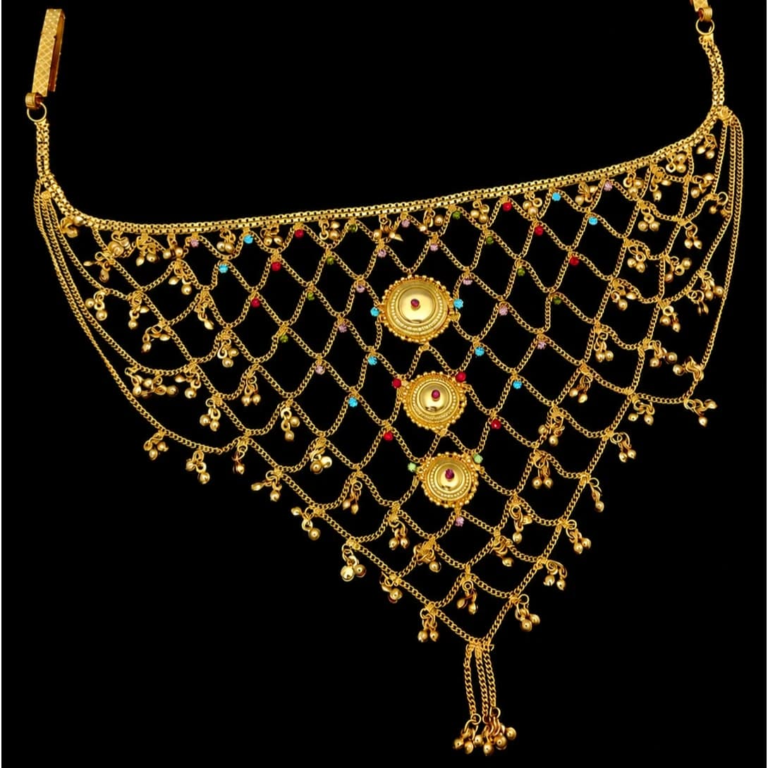 Gold Tone Designer Kamarbandh with Netted Chains & Ghungroo