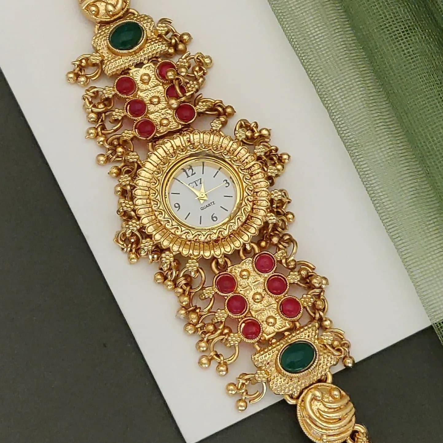 Royal Rajasthani Meenakari Bracelet Watch for Women – Red & Green Heritage Design