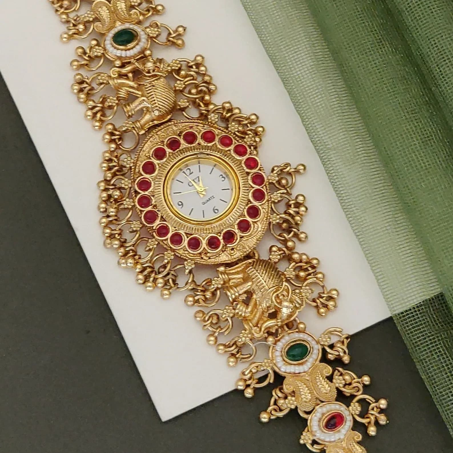 Royal Peacock Rajasthani Bracelet Watch for Women – Red & Green Meenakari Inspired Design